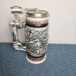 Avon Ceramic Train Relief Stein with Silver Lid and Red Accents